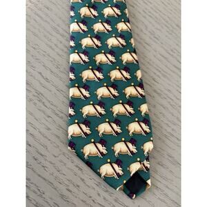 EUC Brooks Brothers Mens 100% Silk Green Pig in Top Hat Tie *Made in USA*
